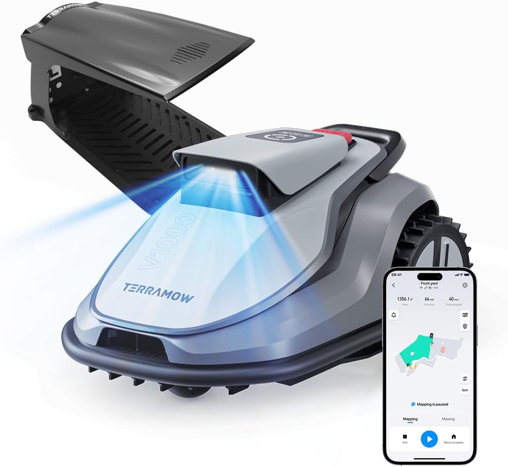 V1000 Robot Lawn Mower, Tri-AI Vison Technology Without Wire/RTK/Signal Issues, Auto Mapping, Max 0.3 Acres, Vision Navigation, AI Obstacles Avoidance, 100% Hands Free for Complex Gargen Mow