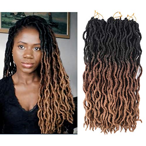 AliRobam18Inch Wavy Faux Locs Crochet Braids 6packs 24Strands Ombre kanekalon Braiding Hair Extensions Honey Blonde Goddess Dreadlocs For African Women (Black/dark brown/light brown)