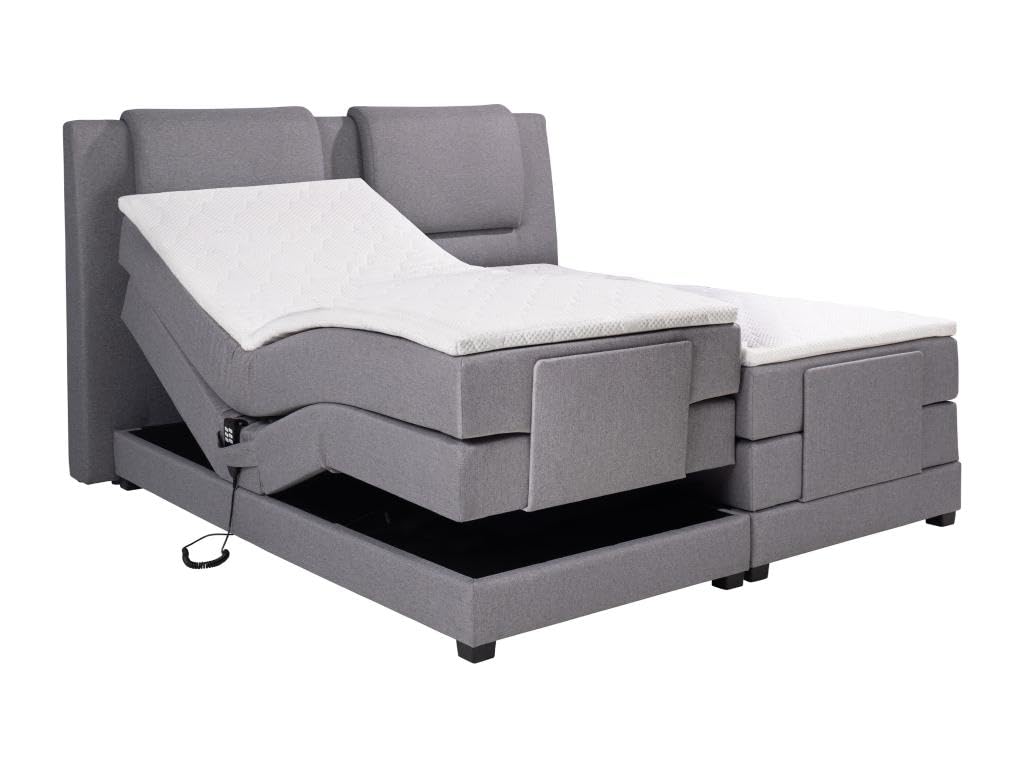 Vente-unique-Ensemble Complet boxspring tête de lit + sommiers Relaxation électrique + Matelas + surmatelas - 2 x 80 x 200 cm - Tissu - Gris Clair - Castel II de Palacio