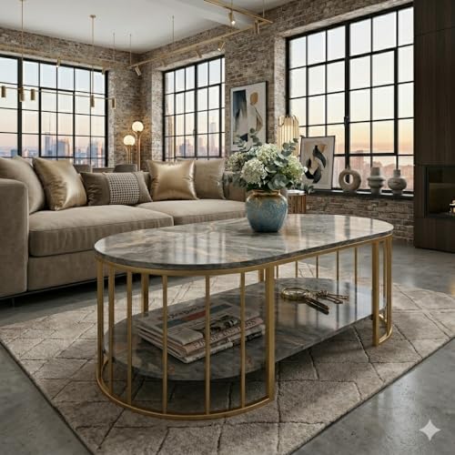 Image of Shoppee Rectangular Coffee Table Modern 2-Tier Center Table with Marble Finish Top Gold Metal Frame Stylish Sofa Table Elegant Cocktail for Living Room /Drawing /Dining Room (Gold & Grey)