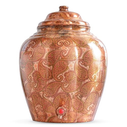Image of Indian Art Villa Printed Paisely Design Copper Water Dispenser Pot Matka, Storage, Home Kitchen Garden, 13 LTR