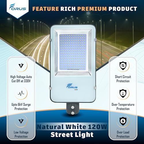 Image of Forus 120W LED Street Light Outdoor with 4 Year Warranty, IP66 Waterproof Decorative Focus Natural White Light for Road, Garden, Events, Security, Terrace, Landscape, Pathway, Building Lighting (1 PC)