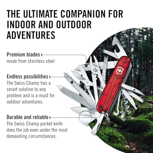 Image of Victorinox Swiss Champ Swiss Army Knife, 33 Functions, Swiss Made Pocket Knife with Large Blade, Screwdriver, Chisel and Combination Pliers - Ruby | Swiss Made pocket knife with stainless steel pliers, scissors, and large blade. Compact 91mm toolbox for camping or DIY