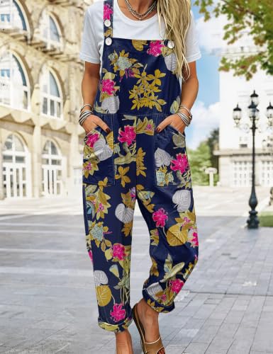 Image of YESNO Women's Overalls Cotton Boho Casual Floral Bib Jumpsuit Baggy Adjustable Strap Romper with Pockets PVV