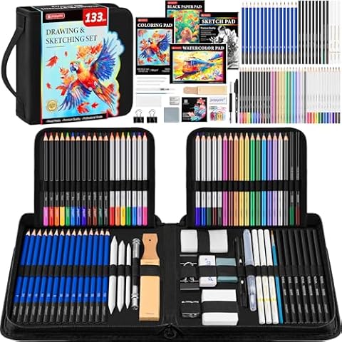 133 PCS Art Supplies Drawing Kit, Pro Drawing Supplies with Sketch Book, Coloring Book, Watercolor Pad, Black Paper Pad, Graphite Colored Charcoal Watercolor & Metallic Pencils, Drawing Set Gifts Case Cover