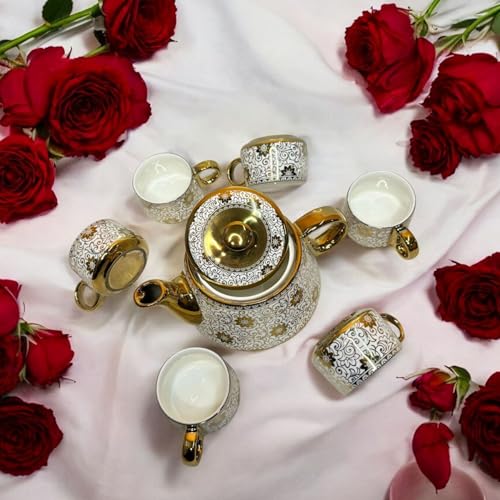 Image of DMRD Porcelain Tea Set with Kettle |Tea Cup Set 7Pc | Aesthetic and Classic Cups Set | Premium Crockery for Home & Gifting with Golden Color Geometric Pattern Design. (Vintage Gold)