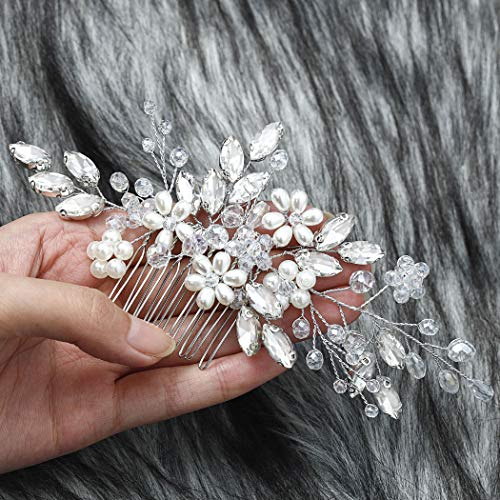 Unicra Bride Flower Wedding Hair Comb Crystal Bridal Silver Side Comb Pearl Hair Accessorie For Women And Girls (A-Silver) #TOP6