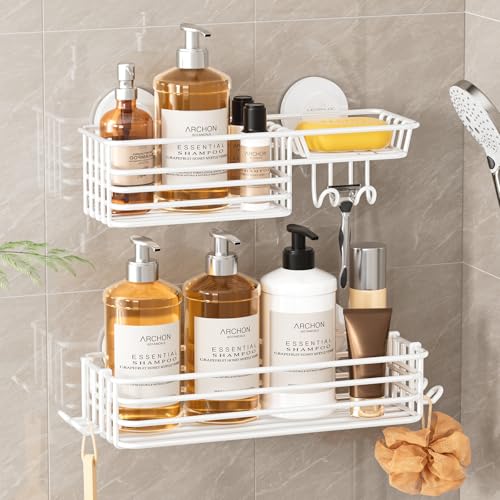 Image of LEVERLOC Shower Caddy Suction Cup, 2 Pack Shelves for Inside with Hooks