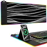 Picture of Mouse Pad with Phone Holder, Wireless Charging Desk Mat, RGB Gaming Mousepad Home Office Large Desk Pad with Ultra-Smooth Surface, Non-Slip Base, Waterproof Keyboard Pad,Wavy Black
