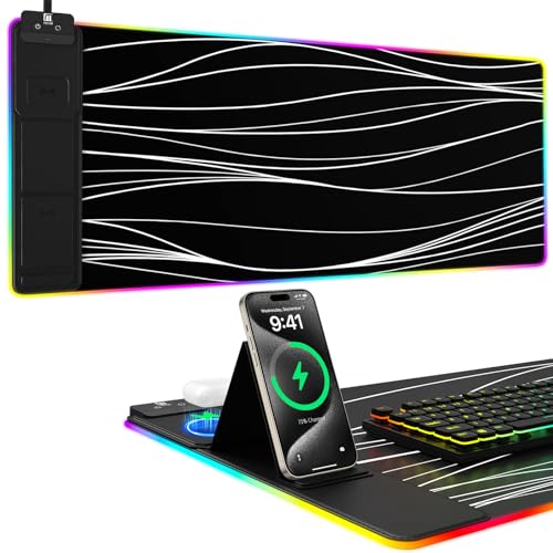Image of Mouse Pad with Phone Holder, Wireless Charging Desk Mat, RGB Gaming Mousepad Home Office Large Desk Pad with Ultra-Smooth Surface, Non-Slip Base, Waterproof Keyboard Pad,Wavy Black