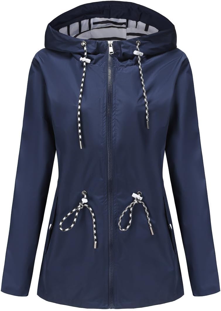 Anorak Coat for Women Hooded Zip Up Rain Jacket with Striped Lining | Women's Mid Length Trench Jacket with Drawstring Waist, Snap Pocket, Elastic Cuff for Fall Spring Travel Casual