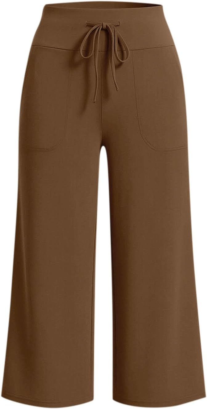Capri Pants for Women - Wide Leg Loose Casual Trousers with Pockets Summer High Waisted Drawstring Crop Pants