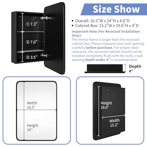 Image of AGDULL Medicine Cabinet with Black Metal Frame Mirror, Overall 16.5 inchx24 inch