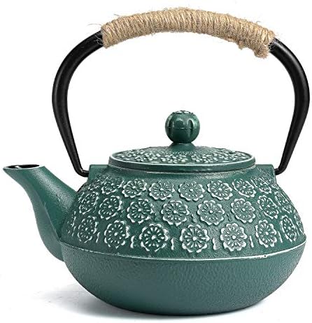 Sotya Cast Iron Teapot, 30oz/900ml Japanese Tetsubin Tea Pot with Infuser for Loose Leaf and Tea Bags, Tea Kettle Coated with Enameled Interior for Stove Top, Dark Green