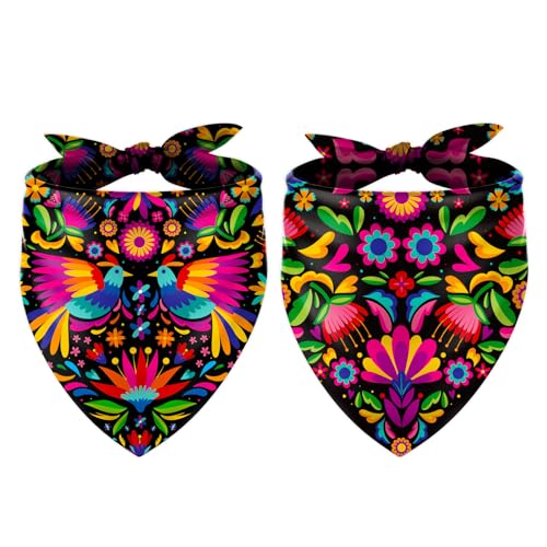 Whaline 2Pcs Mexican Dog Bandana Cinco De Mayo Fiesta Cotton Pet Scarf Double-Sided Adjustable Black Floral Pet Neckerchief for Small Medium Large Cat Dog Carnival Accessories