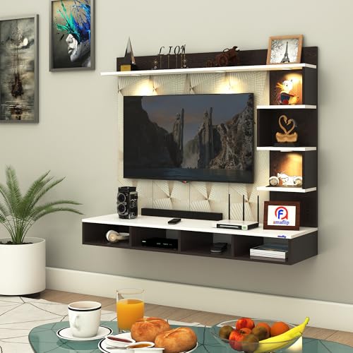 Image of Laura Engineered Wood Wall-Mount TV Unit with Printed PVC Back Panel & LED Lights | TV Cabinet with Storage Box & Decorative Shelves (Wenge /White) for TVs up to 43 Inch | DIY Installation