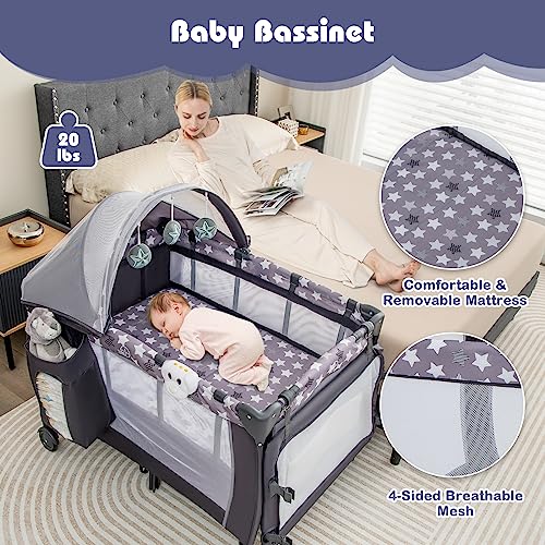 Honey Joy Pack And Play, 4-In-1 Foldable Nursery Center With Full-Size Infant Bassinet & Diaper Changer, Portable Toddler Crib W/Mattress & Net, Music Box, Toys, Baby Playard W/Carry Bag, Gray #TOP2