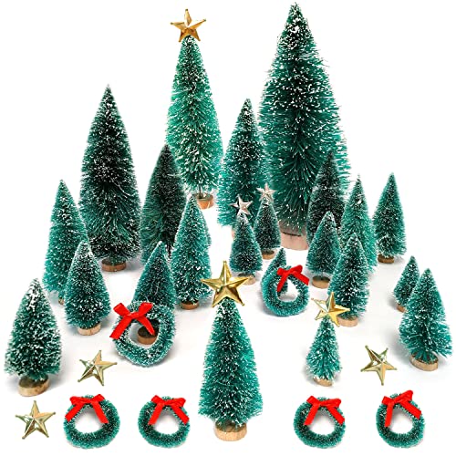Mini Pine Trees, Mini Christmas Trees With Wood Base, 39 Pieces, Artificial Trees In 2.5"-9"(6.5-23 Cm), Bottle Brush Trees, Tabletop Trees For Xmas Home Table Decor And Miniature Scenes (Blue Green) #TOP20