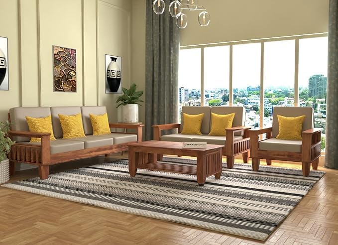 Image of Sheesham Wooden 6 Seater Sofa for Living Room | Rosewood 6 Seater Cushion Sofa with Side Newspaper Holder for Home & Office | Solid Wood Sofa Set for Lounge (Honey,3+2+1 Seater)