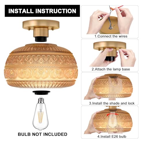 Semi Flush Mount Ceiling Light, Upgraded Modern Close to Ceiling Light Fixture with Amber Glass,Gold Indoor Kitchen Lighting for Porch Corridor Hallway Bedroom, Bulb Not Included