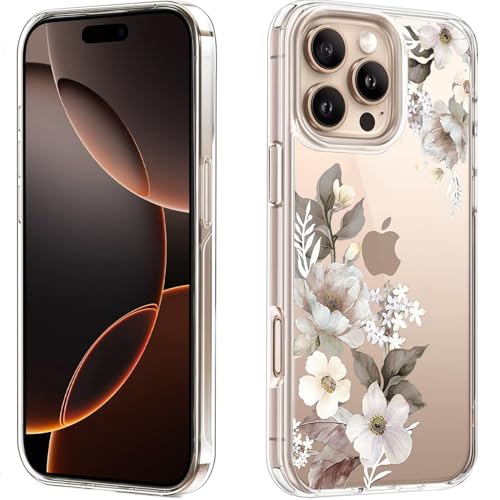 Image of Elzzi Clear Transparent Flower Case for iPhone 16 Pro Max Shockproof PC+TPU Back Cover Full Camera Protection - Grey
