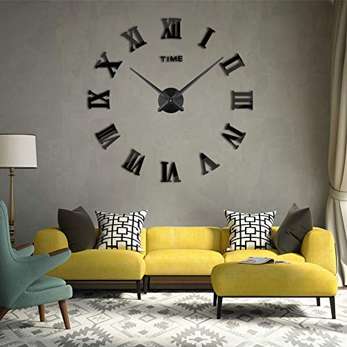 Grande Horloge Murale 3D DIY sans Cadre avec Chiffres Romains 3D Miroir Autocollant décoration pour la Maison, Le Bureau, Le Salon, la Chambre à Coucher