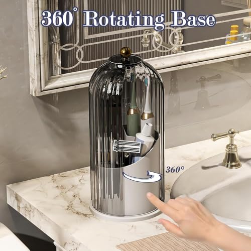 Image of Toothbrush Holder with Lid Bathroom Organizer Countertop, Rotating 3 Slots Electric Tooth Brush Toothpaste Holder Bathroom Counter Stand Sink Organizer Caddy for Vanity Makeup Brushes (Grey)