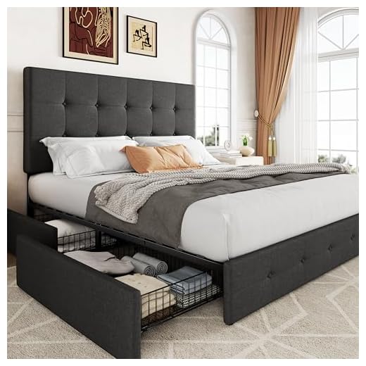 Allewie Upholstered Queen Size Platform Bed Frame with 4 Storage Drawers and Headboard, Square Stitched Button Tufted Mattress Foundation with Wooden Slats Support, No Box Spring Needed, Dark Grey