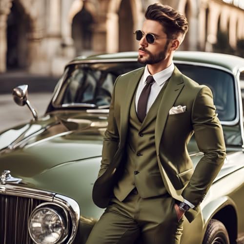 Generic Men's 3 Piece Suit Slim fit Olive Green Blazer Vest Pant Set Office Business Suit2