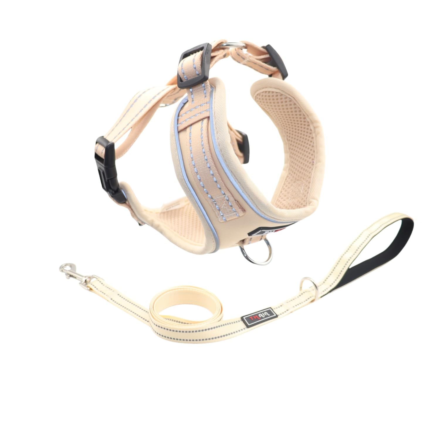 THAIN Reflective Dog Harness & Leash Set - No-Pull Design, Adjustable & Comfortable for Large Dogs (L, Solid Beige)