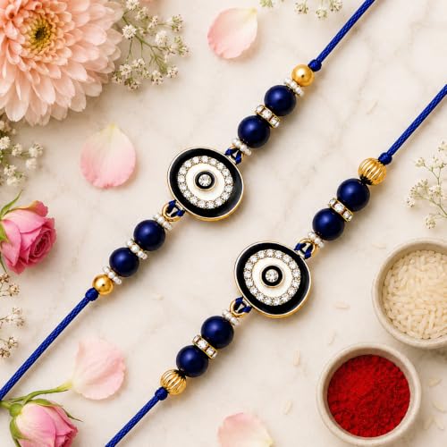 Image of Riddhika Ventures Elegant Evil Eye Rakhi for Protection from Negative Energy (Set Of 2) With Roli Chawal And Greeting Card (J6S)