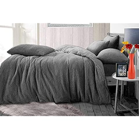 luxury Soft Teddy Fleece Duvet Cover Quilt Bedding Set with Pillowcases- Easy Care Fluffy Quilt Thermal Warm Fleece Bedding Bed Set (Gray, Single) Cover