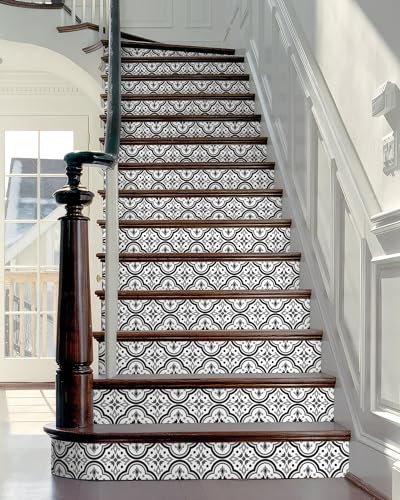 FLFK Stair Riser Decals - Black Patterns Stair Stickers Murals Peel and Stick Self-Adhesive for Home Decor 39.3 W x 7.08 H x 13Pcs