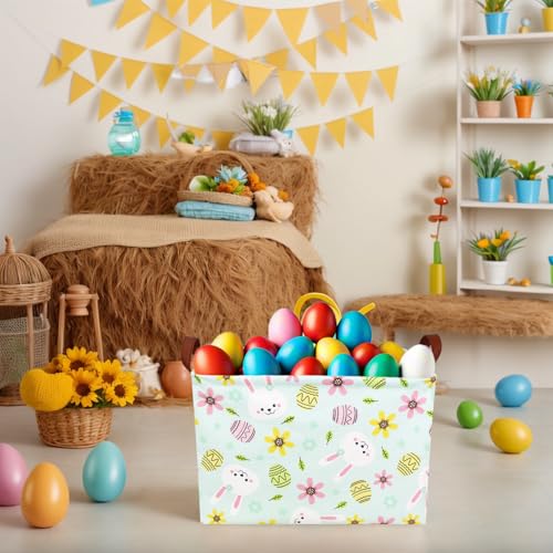 Image of Large Empty Easter Basket for Kid Fabric Personalized Bunny Eggs Easter Gift Basket for Boy and Girl (Rabbit Blue Background)