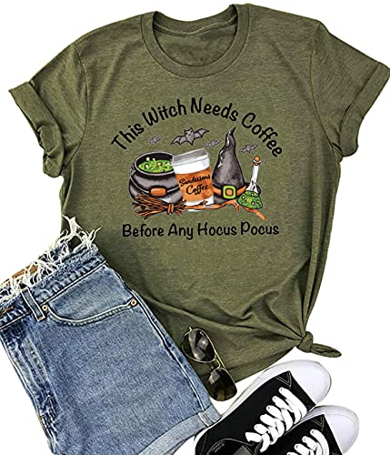 This Witch Needs Coffee Before Any Hocus Pocus Halloween Shirts for Women Sanderson Sisters Tshirt Clothes (L, Green2)