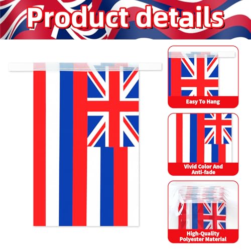 Image of 32.8 ft Hawaii Flag Banner, 30 Pcs Mini State String Flags, Red White Blue Union Jack Bunting for Hawaii Day, Parades, Luau Parties, Home, Garden, and Outdoor Decorations
