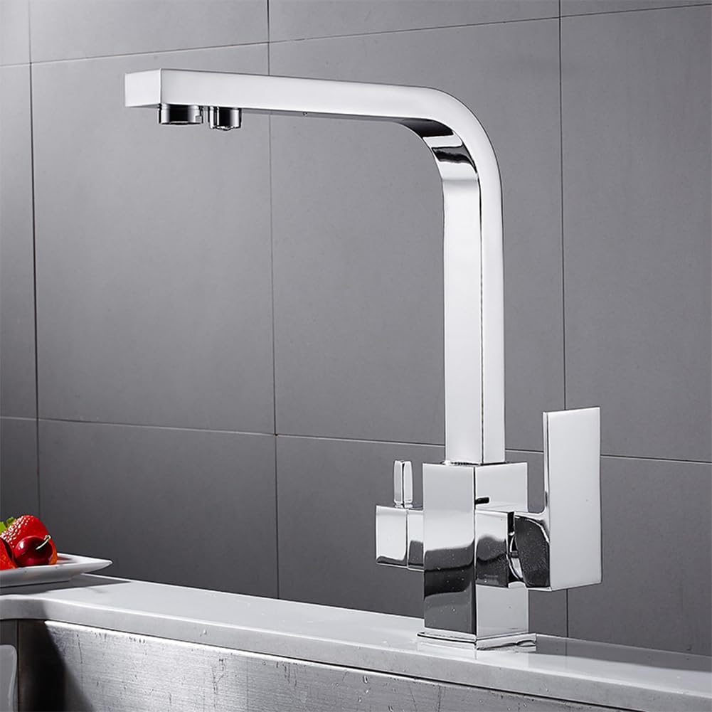 Grifo Cocina 3 Vías Osmosis, Grifo Cocina Fregadero Para Agua Potable, Con 2 Salidas, Latón Monomando Giratorio A 360° Mezclador De Fregadero, Agua Fría Y Caliente Disponibles, Cromado