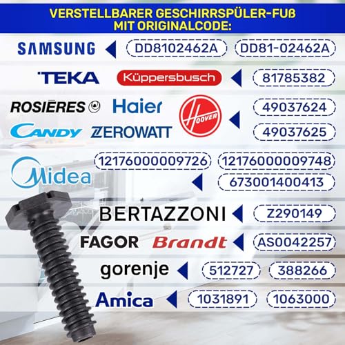 Spülmaschine Füße 90 mm mit Originalcode 512727 für Gorenje 1031891 für Amica DD81-02462A für Samsung 49037624 für Candy 81785382 für Teka AS0042257 für Fagor für Brandt - MONTERAL