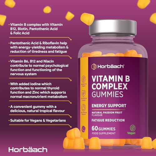 Vitamin B Complex Gummies | 60 Count - Tablet Alternative | High Strength Supplement with Vitamin B12, B6, B12, B2, B3, B5, Biotin, Folic Acid, Zinc and Iodine | Natural Tropical Flavour | by Horbaach - Image 3
