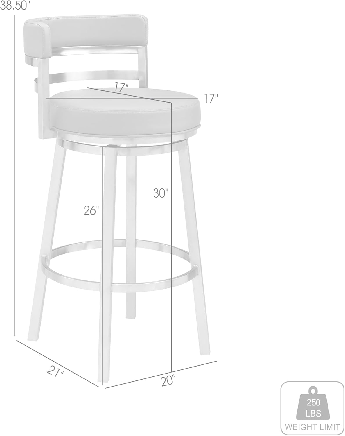 Armen Living Madrid 30" Seat Height Swivel White Faux Leather and Brushed Stainless Steel Bar Stool for Kitchen Island Counter