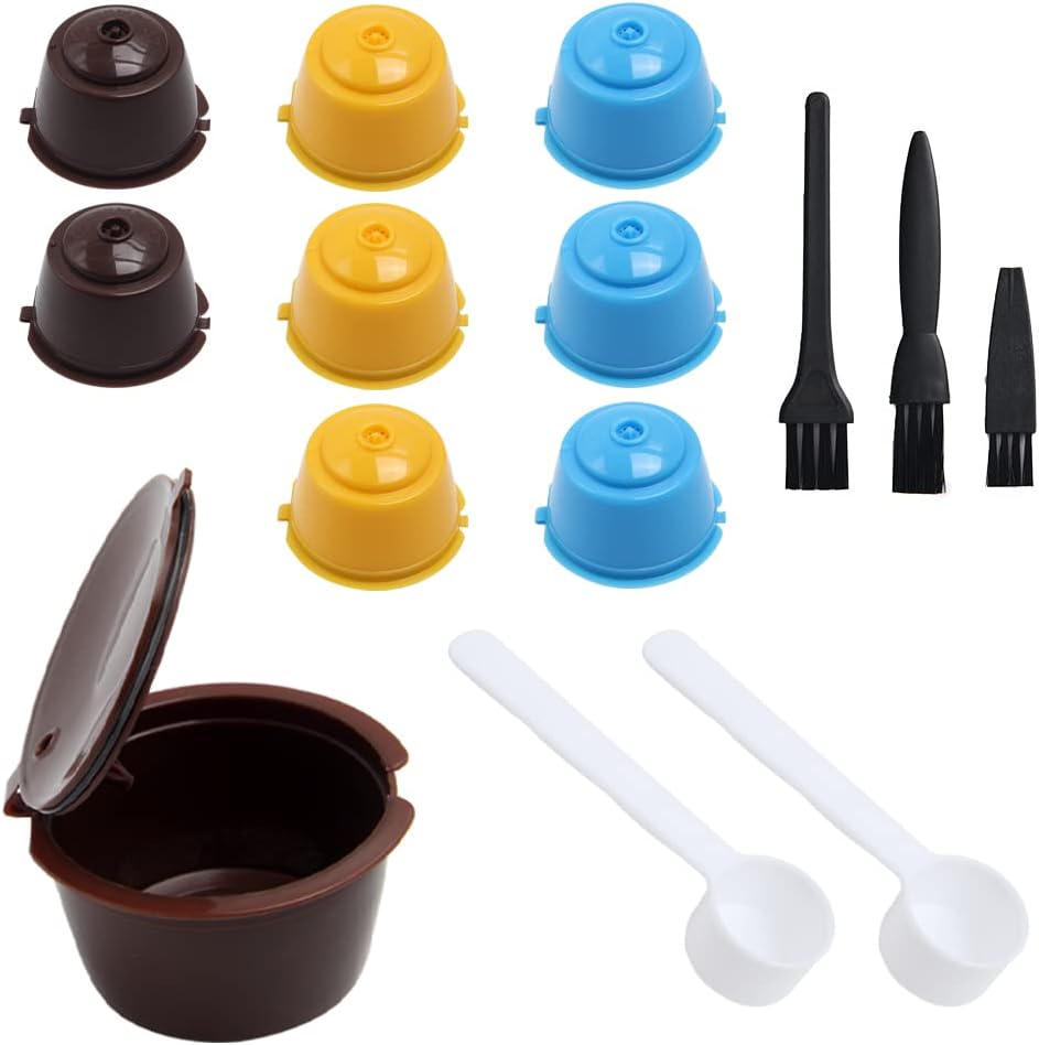 Pilikoll 9 Pcs Coffee Reusable Refillable Pods for Dolce Gusto Reusable Coffee Capsules with 2 Pcs Spoon & 3 Pcs Brush,Refillable Coffee Capsules Cup Filter for Filter Coffee, Ground Coffee