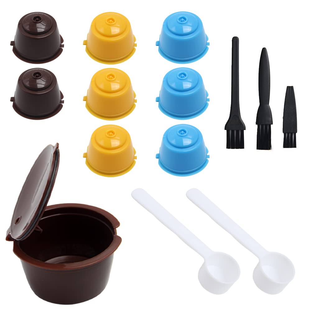 Pilikoll 9 Pcs Coffee Reusable Refillable Pods for Dolce Gusto Reusable Coffee Capsules with 2 Pcs Spoon & 3 Pcs Brush,Refillable Coffee Capsules Cup Filter for Filter Coffee, Ground Coffee