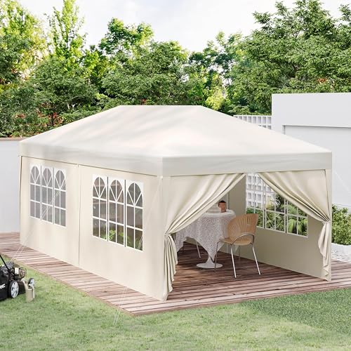 Miniatura 7 de Laneetal Gazebo De Jardín 3x6 M, Carpa Plegable E Impermeable, Pergola Jardín Marco Metalico, Pabellón Cenador Para Camping Y Fiestas, 6 Paredes Laterales Y 4 Ventanas, Beige