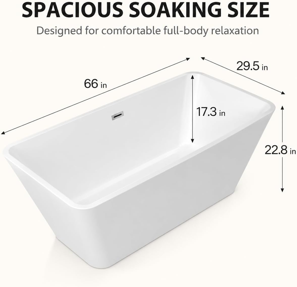 66" Freestanding Acrylic Soaking Tub,Large Freestanding Bathtub with Non-Slip Surface, Overflow and Drain Included, Freestanding Bathtub with Chrome Drain, Deep Stand-Alone Tub for Relaxing Home Spa thumbnail