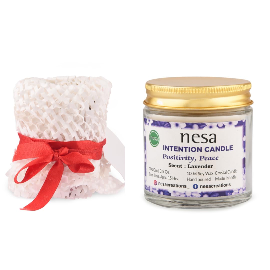 Nesa Serenity Lavender Crystal Candle | 100% Soy Wax | White Color | Lavender Scented | Spell Candle for Positivity, Peace, and Happiness | 100 g (3.5 oz)