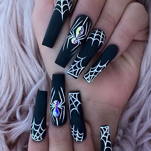 Halloween Press on Nails Long, Coffin Design Fake Nails with Diamonds, Spider Web Matte False Nails, Square Tips, for Women Girls Manicure Decorations Full Cover Stick on Nails 24Pcs（Black&White）