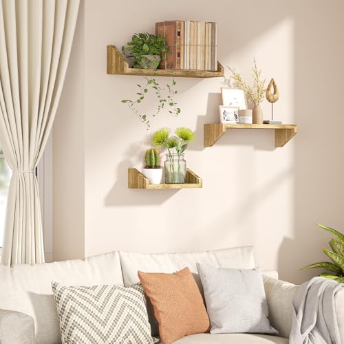 SRIWATANA Floating Shelves Wall Mounted Set of 3, Solid Wood Wall Shelf Display Ledge Storage Shelves for Living Room Kitchen Bathroom, Carbonized Black - Thumbnail 4