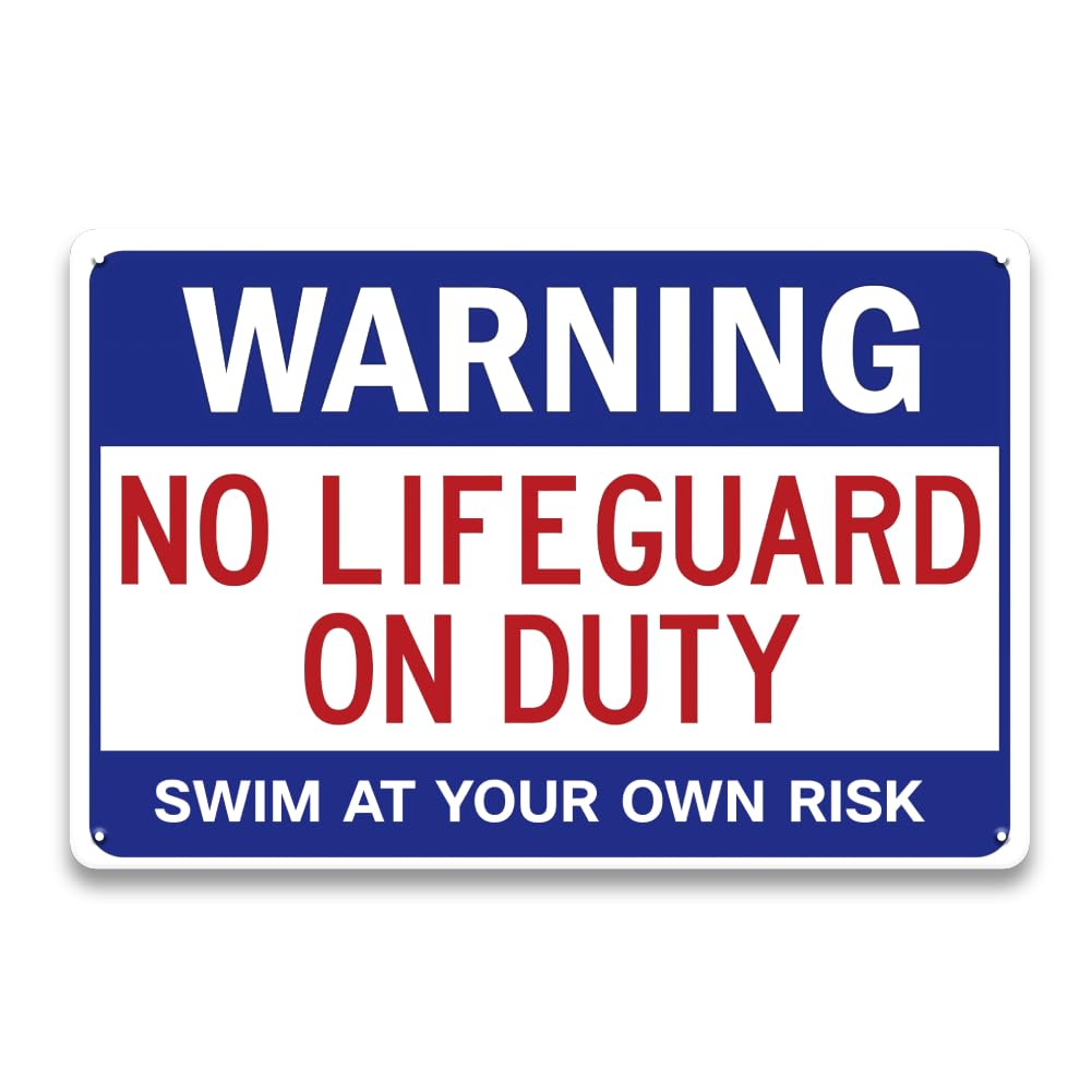 LIZATIC No Lifeguard On Duty Pool Sign for Outside - 12 x 8 inch Swim at Your Own Risk Sign, Pool Rules Outdoor, Metal Aluminum, Fade Resistant, UV Protected, Weatherproof, Blue/Red/ White (1pcs-White/Blue/Red)