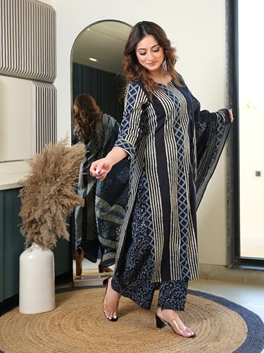 Image of Arayna Women's Pure Cotton Hand Block Printed Style Ethnic Kurta Set with Dupatta | Black & Indigo
