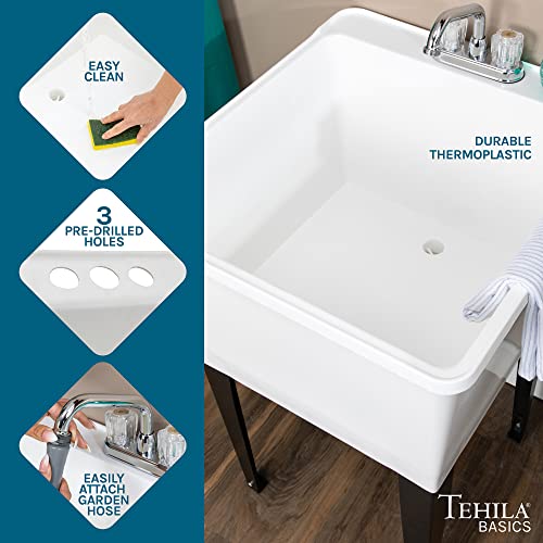 Tehila Basics By Js Jackson Supplies 21-Gallon White Freestanding Utility Sink With Chrome Finish 2-Handle Faucet, Heavy Duty Plastic Laundry Tub With Adjustable Legs #TOP6